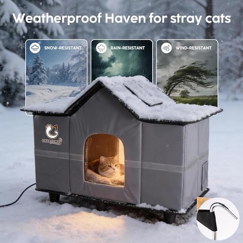 Large Weatherproof Outdoor Cat House with Heated Pad 28" x 16" x 17" Grey