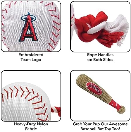 Pets First MLB LA Angels Baseball Rope Toy for Dogs & Cats. Tough Nylon, Sporty Baseball Design, Heavy-Duty Ropes with Inner Squeaker
