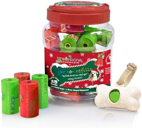 Greenbone Jar-O-Refills Dog Poop Bags & Dispenser, 28 Rolls - 336 Bags - Holiday Edition
