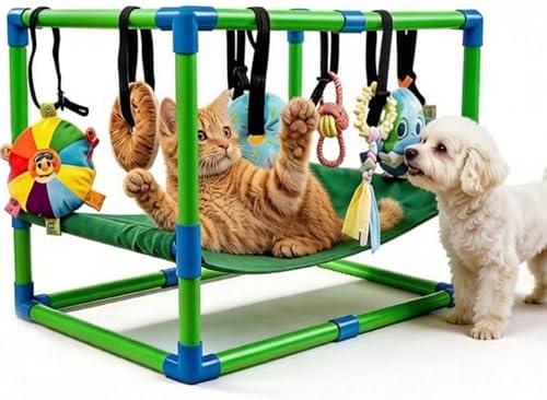 Puppy Play Gym with Hammock 8 Hanging Toys, Dog Jungle Gym Indoor Pets Cats Toys, Teething Chew Toys Puppy Gym Activities Center for Cats Adjustable Playground for Small Dogs at Home PVC Frame