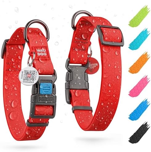 WAUDOG Waterproof Dog Collar - Adjustable Dog Collar for Large Dogs, Small and Medium Dogs - Breakaway Dog Collar Waterproof with Plastic Buckle and QR Dog Tag - Boy & Girl Dog Collars (Red)