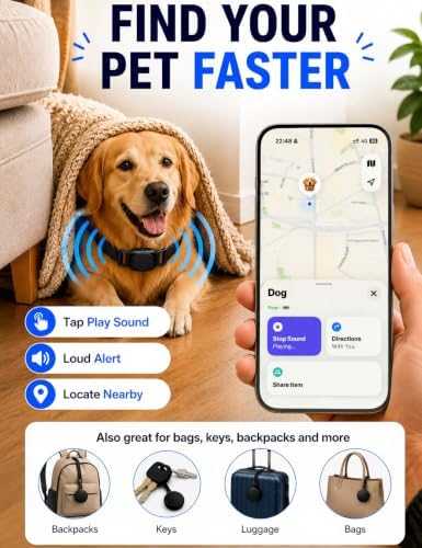 GPS Dog Tracker Collar (iOS & Android) - No Subscription Real-Time Tracking | Pet Smart Activity Finder Tag Works with Google Find Hub & Apple Find My App, Anti-Lost for Keys, Cat Kitten Items