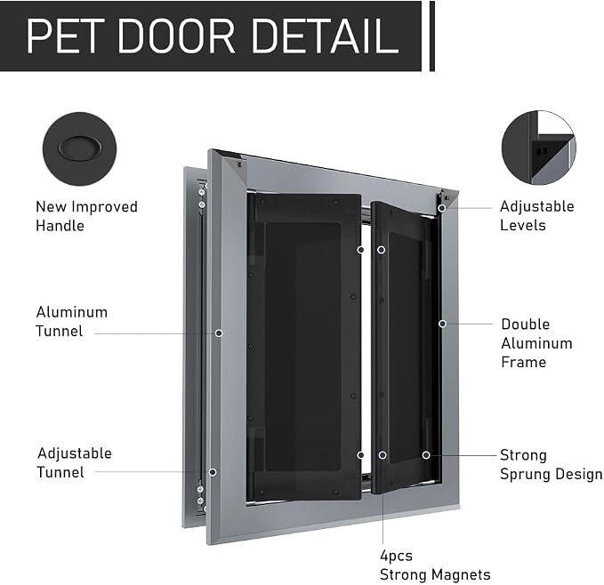 Aluminum Large Dog Door for Door, Fits Dogs Up to 110 LBS,Gray | French Style Heavy Duty Pet Door, Double Magnetic Flaps, Telescoping Tunnel, Solid Aluminum Frame Fits Dogs Up to 110 LBS