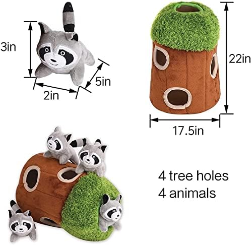 Glow Pups Hide and Seek Dog Toy, Interactive Plush Raccoon in Tree Burrow, Squeaky Woodland Style Dog Toys for Small Dogs, Mental Stimulation, Medium Size Tree with 4 Raccoon