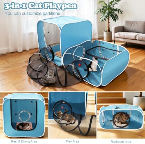 Cat Playpen, 3-in-1 Pop-up Outdoor Cat Enclosure, Blue