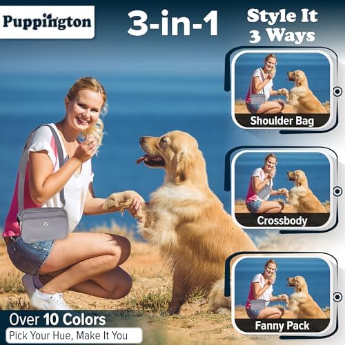 Puppington 3-in-1 Crossbody & Dog Treat Pouch for Pet Training - Matching Compostable Poop Bags, Built-In Poop Bag Dispenser & Slow-Feeding Travel Dog Bowl - Dog Walking Bag (Charcoal Gray)