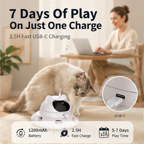 3-in-1 Auto Laser Cat Toy, USB Recharge Motion Activated Kitten Feather Chase Toy - Off-White