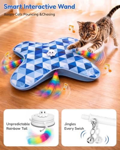 PetBusy Smart Interactive Cat Toys for Indoor Cats Chasing and Pouncing Fun | [Week-Long] Rechargeable Battery, Smart Standby Touch Activated, Automatic Hide &Seek with Rainbow Tail for Hands-Free Play