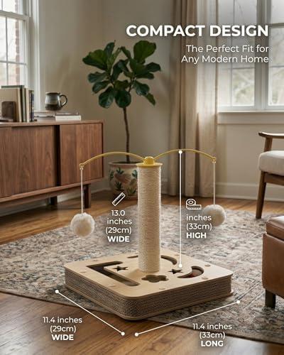 3-in-1 Interactive Cat Toy & Scratching Post - Durable Sisal Cat Scratcher with Corrugated Cardboard Base, Track Balls & Teaser Wands - Indoor Kitten Exercise Toys for Furniture Protection