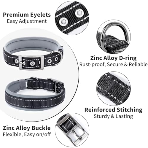 Segarty Reflective Dog Collar for Medium Dogs, Adjustable Wide Soft Comfortable Breathable Neoprene Padded Nylon Collar with Heavy Duty Metal Buckle for Medium Small Breeds (M, Black)