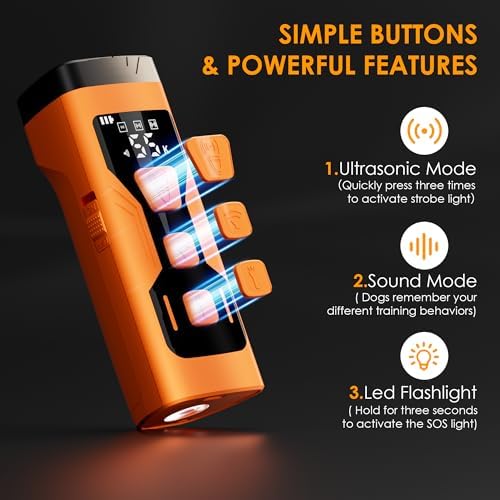 Anti Barking Device for Dogs, 3X Ultrasonic Dog Bark Deterrent Devices, 4 Frequencies 5 Training Modes 65ft Safer Alternatives to Bark Collars, Portable Design with Display for All Dogs (Orange)