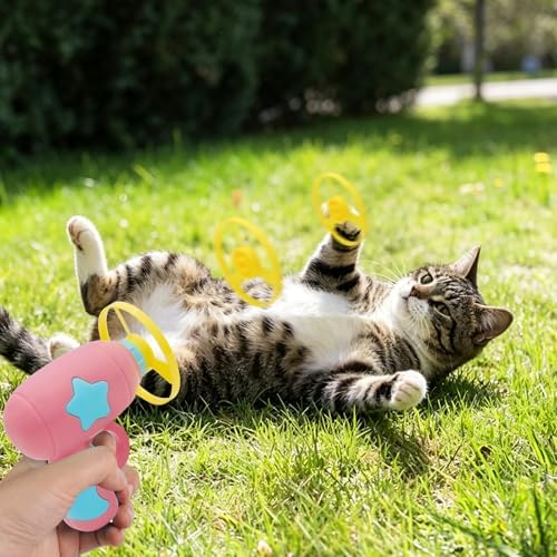 Andiker Cat Fetch Toy, Interactive Kitten Flying Disc Launcher Toy with 5 Colorful Flying Propellers for Cat Enrichment, Flying Saucer Toy for Cats for Training and Chasing (Blue+Pink(10pcs))