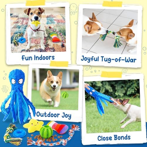 KIPRITII 9 Pack Puppy Toys Set for Small Dogs, Teething & Interactive Play | No-Stuffing Octopus-Shaped Toy, Squeaky & Crinkle Sounds, Interactive Tugging, Keep Dogs Busy, Indoor & Outdoor Play