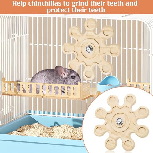 2Pcs Chinchilla Chew Toys Guinea Pig Toys Hamster Rabbit Cage Chew Accessories Rotating Grinding Natural Wooden Snowflake-Shaped 6.3 Inch Diameter Wheel Spinner Interactive for Enrichment Teeth