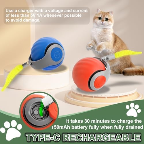Speedy Cat Tail Toy 2.0,USB Rechargeable Smart Interactive Cat Ball,Automatic Moving Ball Toy for Indoor Cats, Replaceable Tail（2PCS）