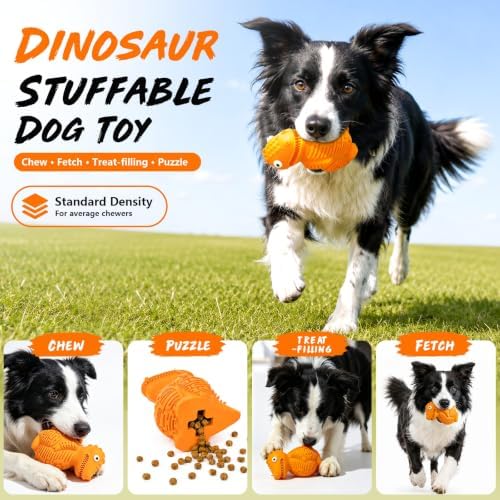 Stuffable Dog Toys for Chewer, Natural Rubber Treat Dispensing Dog Toys, Dog Chew Toy for Medium Dogs, Interactive Puzzle Dog Toy, Tough Dinosaur Treat-Filling, Teething Cleaning, Fetch & Training