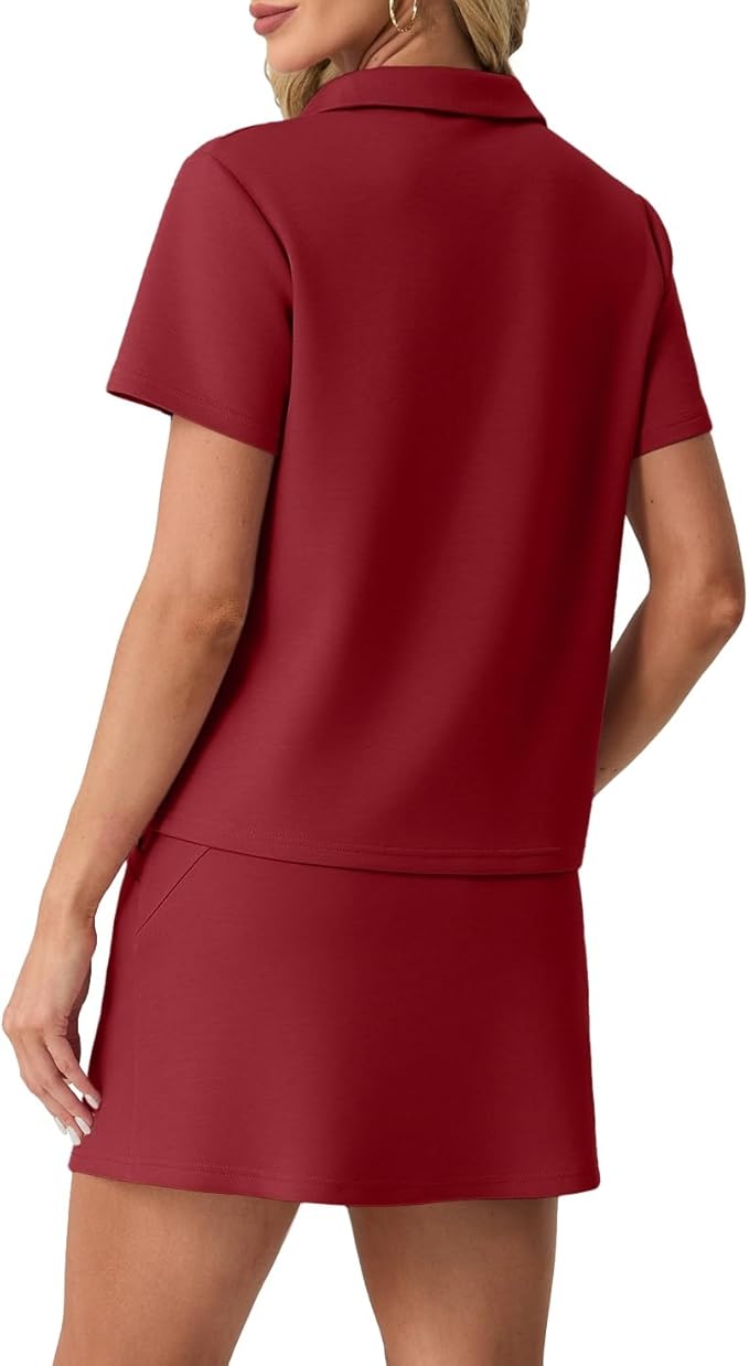GRECERELLE Women's Summer 2 Piece Skort Set Half Zip Short Sleeve Top & Pocketed Tennis Skirt For Sports & Vacations.