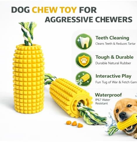 4.37 inch Corn Cob Dog Toys for Aggressive Chewers, Rubber Teething Toys