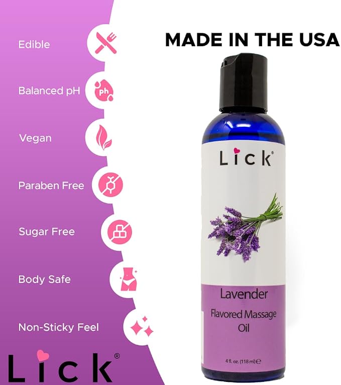 Lick Lavender Massage Oil – Calming Aromatherapy Massage Oil with Sweet Almond Oil & Vitamin E, Relaxing Floral Scent for Stress Relief & Couples Massage, 4 oz