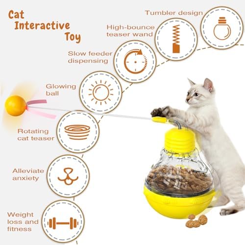 Cat Interactive Toy, Slow Food Dispenser Feeder, Tumbler Design with Teaser Wand & Glowing Ball, Funny Kitten Treats for Indoor Cats Exercise and Boredom Relief (Yellow)
