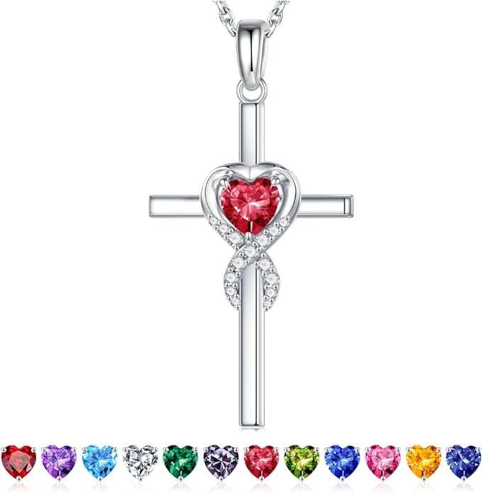 Iefil Cross Necklace for Women - 925 Sterling Silver Birthstone Necklace Jewelry Gifts for Women Wife