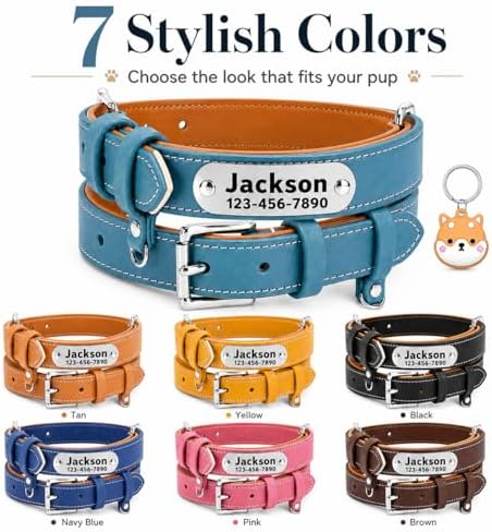 Personalized Genuine Leather Dog Collar with Name Phone Number-Sky Blue-XS