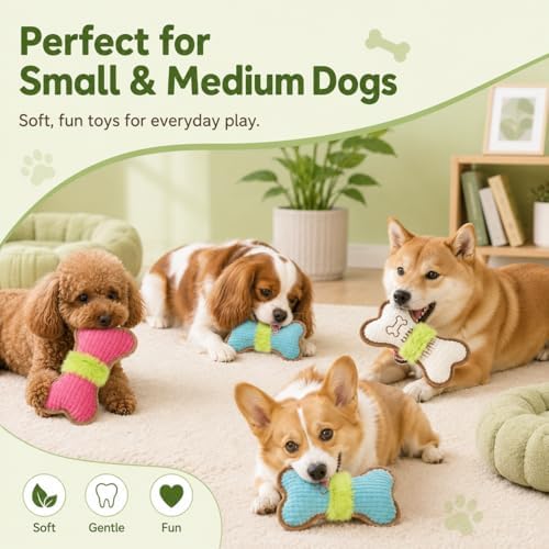 Calming Plush Toys for Dogs, 3 Packs Cute Bone-Shaped Squeaky Toys, Durable Puppy Chew Toy for Small, Medium Dogs
