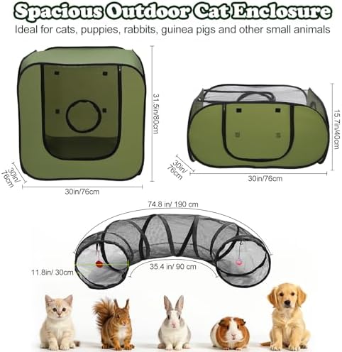Cat Playpen, 3-in-1 Pop-up Outdoor Cat Enclosure, Green