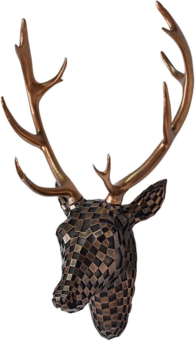 GIGICICI Mosaic Deer Head Wall Decor 15.7x8.7 Inch, Artistic Faux Resin Animal Head Wall Sculpture Hanging for Living Room Bedroom Kitchen Office, Brown Gift