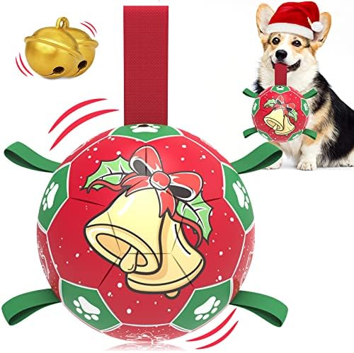 QDAN Christmas Dog Balls with Straps, Squeaky Dog Toys for Indoor Outdoor Playing, Puppy Birthday Gifts, Pet Toy Ball, Durable Herding Balls for Dogs (8 Inch)