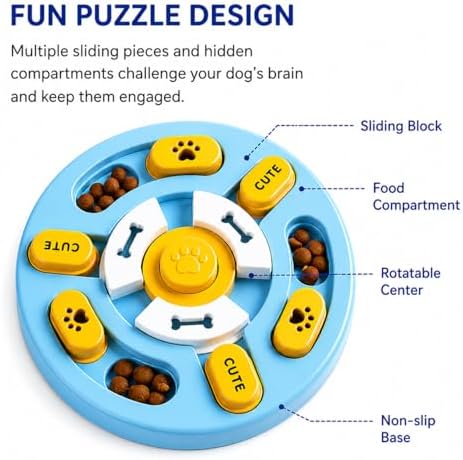 Interactive Dog Puzzle Toy Slow Feeder – Dog Enrichment Toys for Mental Stimulation, Anti-Slip Food Puzzle Bowl, Slow Eating Feeder for Puppies & Dogs, Boredom Relief Pet Toy (Blue and Yellow)