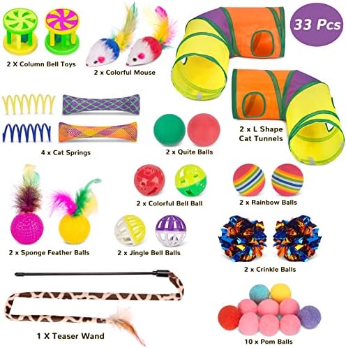 Retro Shaw 33PCS Interactive Cat Toys, Cat Play Tunnels for Indoor Cats | Kitten Feather Wand Springs Crinkle Balls Bell Plush Mice Chew Kicker, Relieves Boredom & Anxiety