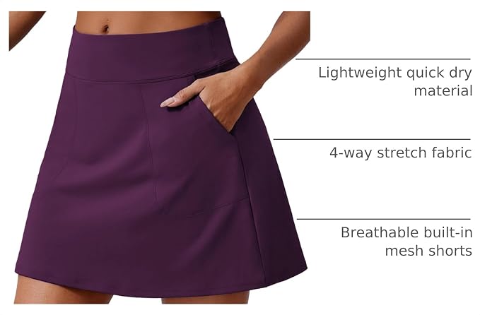 PINSPARK 17" Golf Skorts for Woman High Waisted Tennis Skirt with 4 Pockets | Lightweight, Quick Dry, 4-Way Strecth, Breathable, Tummy Control, UPF 50+ Athletic Skort for Workout, Pickleball, Gym, Casual