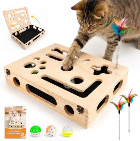 Cat Scratch Puzzle Enrichment Box, Interactive Cat Toy for 3 Balls & 2 Wand