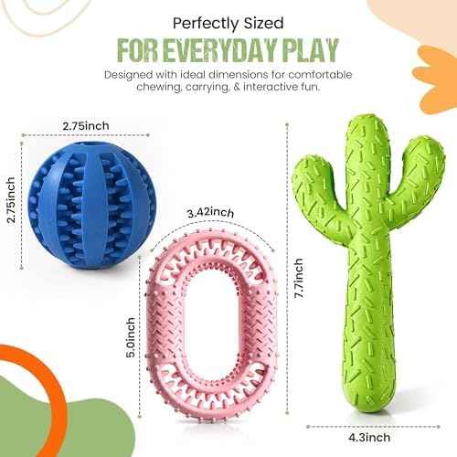 3-Piece Dog Chew Toy Set - Durable Rubber Cactus, Dental Ring, and Treat Leakage Ball - Tough Interactive Molar Toys for Puppy & Medium Dogs - Multi-Color