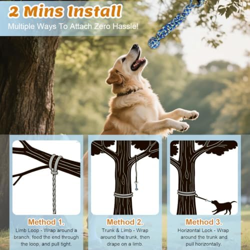 Interactive Dog Bungee Tug Toy Outdoor Hanging Tree Dog Rope Toy with Black Sun-Resistant Rope & Blue Pull Ball Adjustable Tether Tug for Small to Large Dogs Yard Play