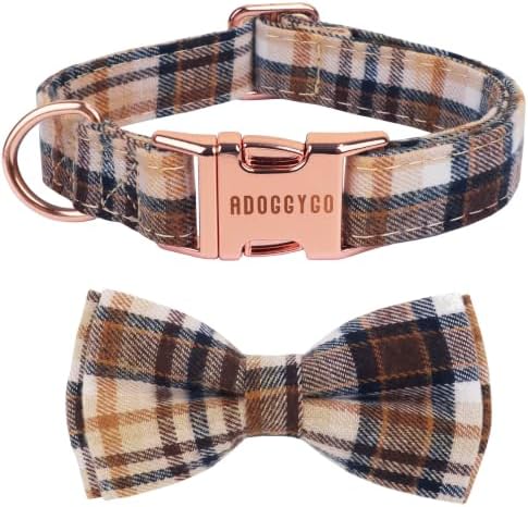 ADOGGYGO Fall Dog Collar with Bow, Detachable Brown Plaid Dog Bow Tie, M