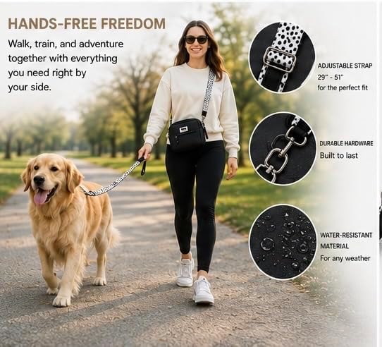Hands-Free Dog Walking Crossbody for Training, Treat Pouch, Built-in Poop Bag Dispenser, Used Bag Hook & Bonus Tripod (Black)
