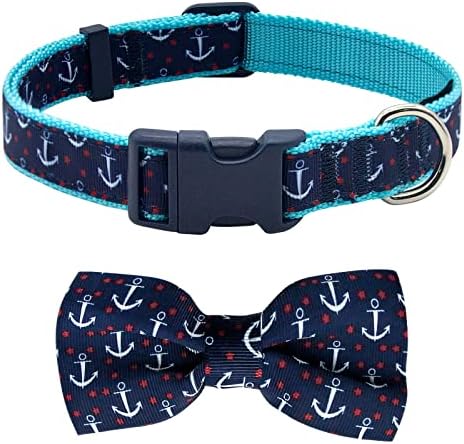 azuza Anchor Dog Collar with Bow Tie, Soft and Comfortable Adjustable Bowtie for Medium Dogs