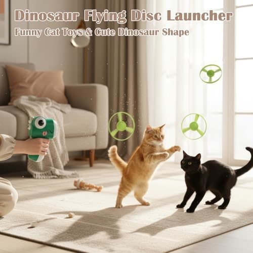 Interactive Cat Toy for Indoor Cats - Cat Fetch Toy Launcher with 8 Colorful Flying Discs, One-Press Exercise Toy for Chasing & Hunting, Fun Kitten Toy for Adult Cats, Green