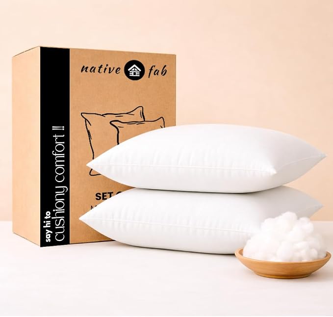 Native Fab Lumbar Pillow Inserts, Pack of 2, 12x20 Inches, White Polyester, Rectangular Throw Cushions for Lower Back Support, Sofa, Office Chair, Bed, Decorative Home Styling & Comfort