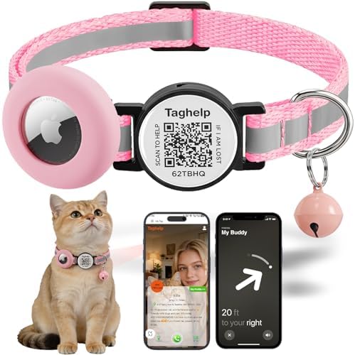 Reflective AirTag Cat Collar, TAGHELP Integrated Air Tag Cat Collar for Apple with AirTag Holder and Bell, Tracker Cat Collars for Girl Boy Cats, Kittens and Puppies (Pink)