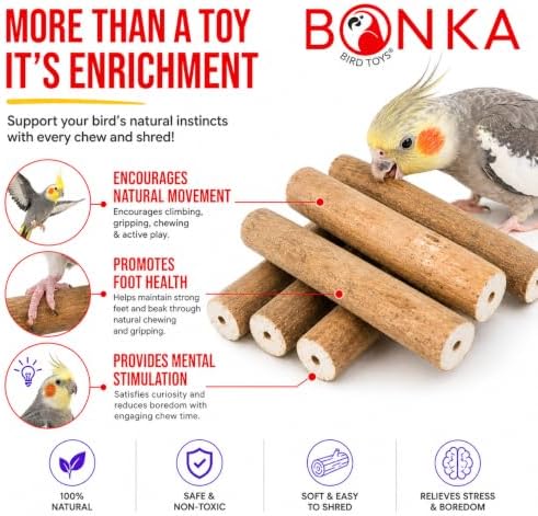 Bonka Bird Toys 1211 Pk6 Natural Bark Sola Sticks, 6-Pack, 3" Long, 1.25" Diameter, Soft Chew and Foraging Toy for Birds, Parrots, Parakeets, Cockatiels, Lightweight, Natural, Safe, Eco-Friendly