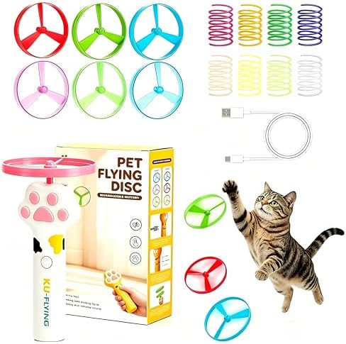 Cat Dog Launcher Toy, Rechargeable Interactive Pet Toy with LED Lights Cat Fetch Toys with 6 Flying Spinner Discs, 8pcs Cat Spring Toy, Adjustable Launch Control for Hunting Indoor Outdoor