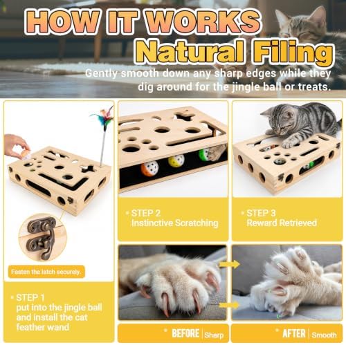 Cat Scratch Puzzle Enrichment Box, Interactive Cat Toy for 3 Balls & 2 Wand