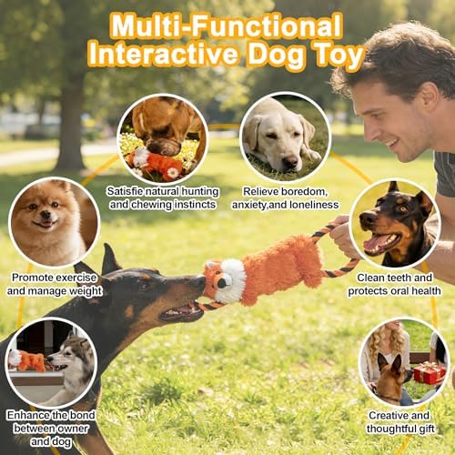 15.55 Inch Fox Squeaky Dog Toy with Crinkle Paper & Rope, Plush Chew Toy for Puppy Teething, Interactive Tug of War Toy for Small Medium Large Dogs