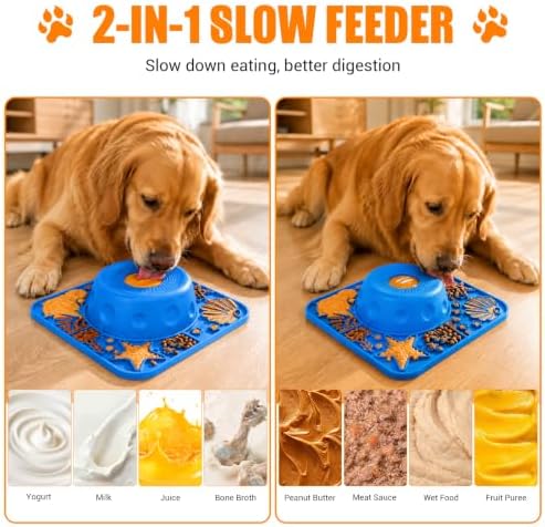 2-in-1 Slow Feeder Dog Bowl with Rolling Ball, Large Silicone Dog Lick Bowl