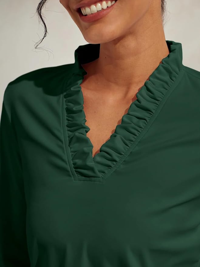 ACEGOLFS Womens Golf Polo Shirts Casual Ruffle V Neck Long Sleeve Tops for Women UPF 50+ Rash Guard Ladies Pullover Shirt