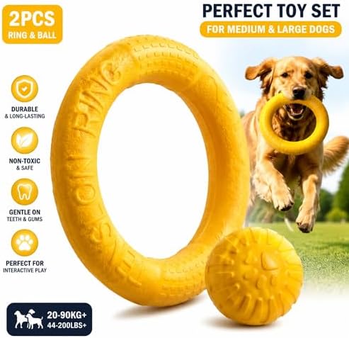 Large Dog Toy Ring and Ball Combo Set, Floating EVA 2 Pack (Yellow, Large)