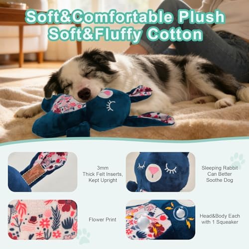 10.24 Inch Blue Bunny Squeaky Dog Toy, Soft Plush Chew Toy for Puppy Teething, Indoor Outdoor Interactive Toy for All Dog Sizes